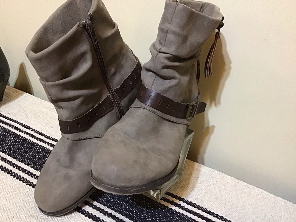 Austin Trading Co Women's Gray Ankle Boots Side Zip Buckle Strap Studded US 8